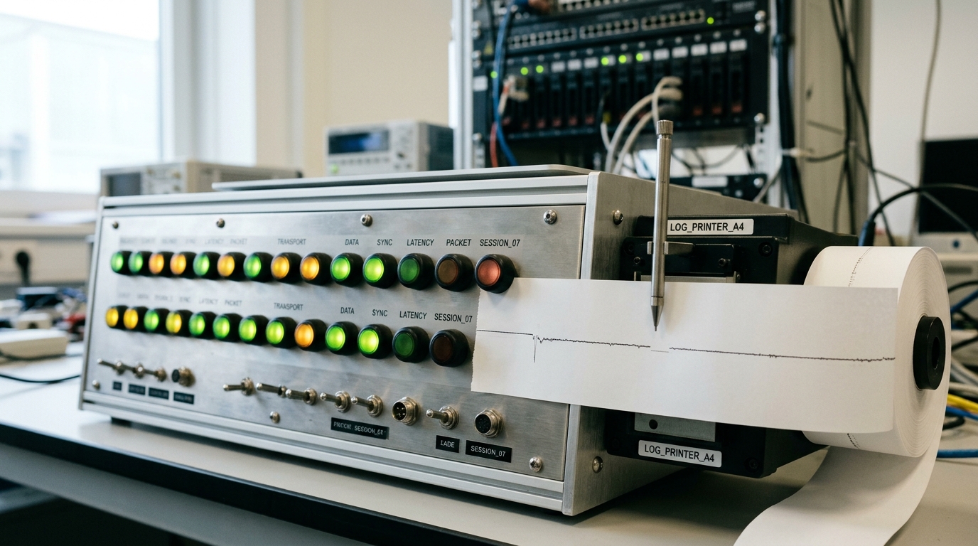 A session-transport monitoring console with a row of status lamps, one going dark mid-row, beside a telemetry log printer whose pen rests lifted off the paper leaving a blank gap in the printed trace