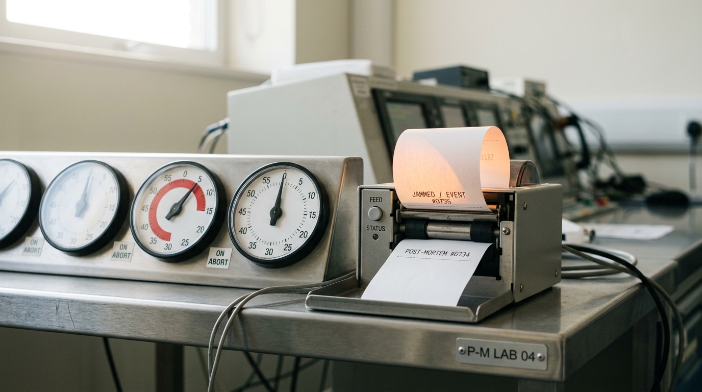 A bank of round timer dials feeding a ticket printer, one dial's hand crossing into its red cancel zone as the printer emits a second paper chit curling out a beat behind an identical first one