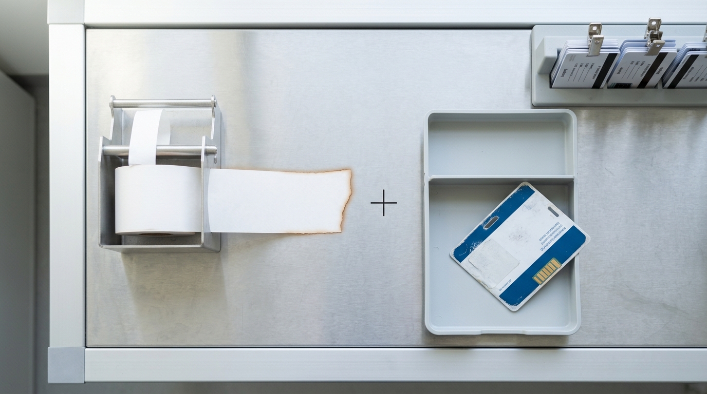 An output-integrity bench where a spool of paper tape trails off short of a printed target mark, and beside it an oversized unclipped access badge carrying a broad all-scopes tag sits loose in its tray