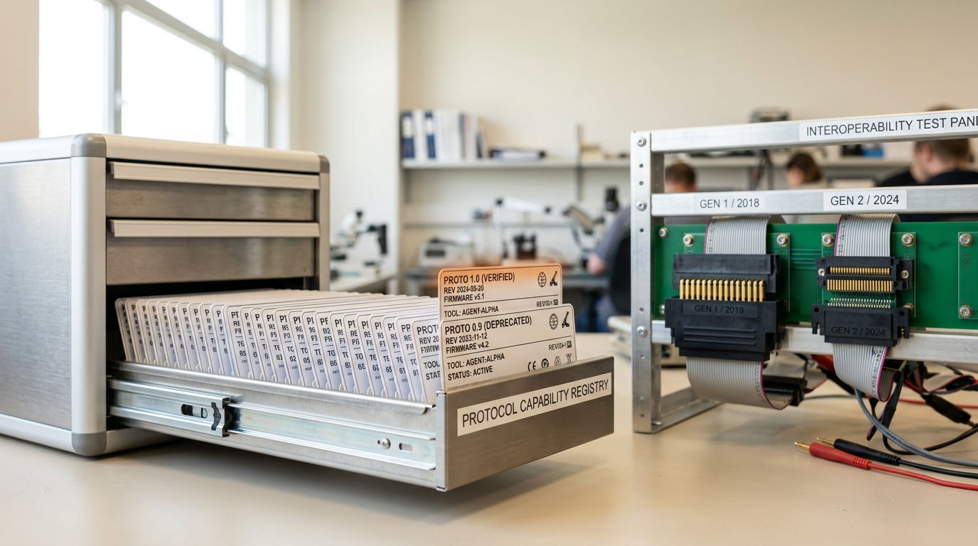 A capability-registry card-index drawer with a freshly updated card held half-inserted and not yet filed, and behind it an interoperability test panel racking an older and a newer keyed connector generation side by side