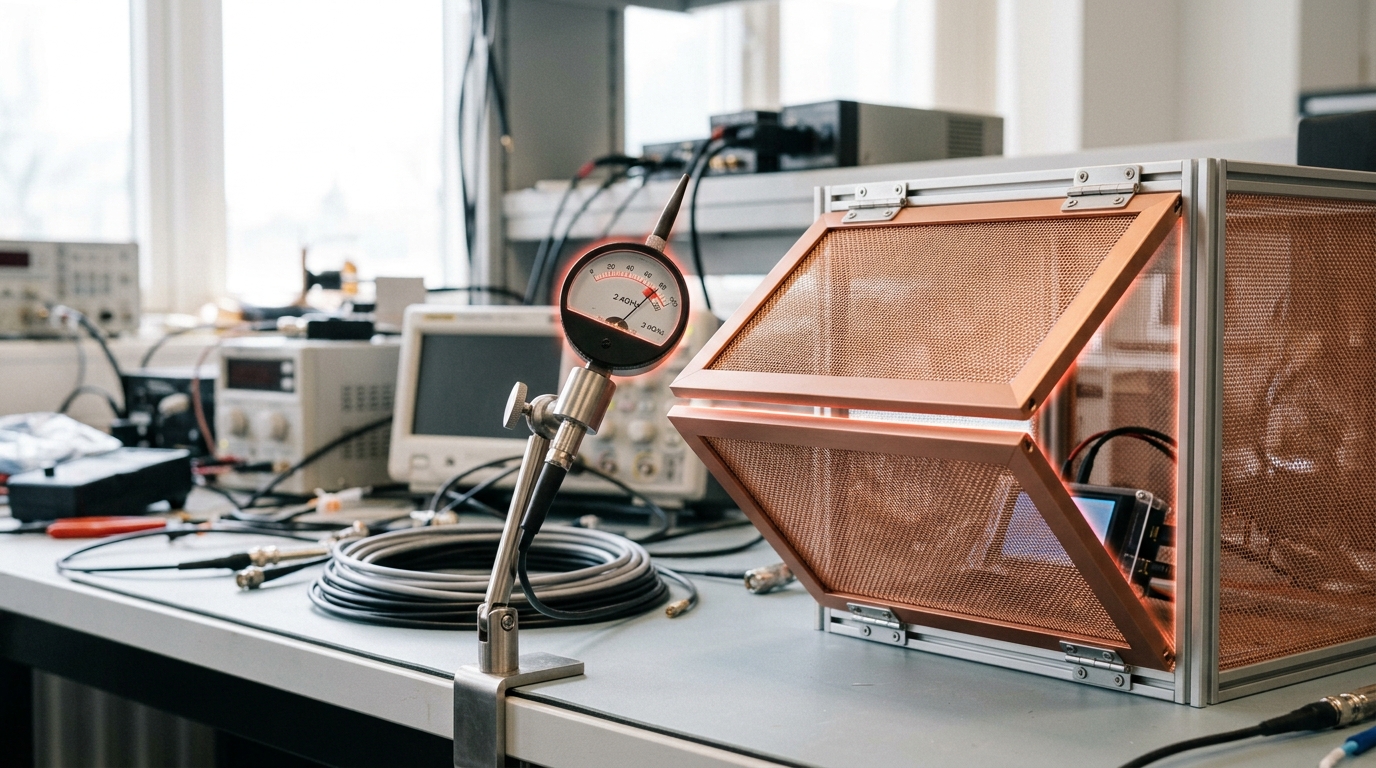 A copper-mesh Faraday isolation box with its lid caught mid-close over a running device, a small RF probe's needle still deflected just outside the box before the seal completes