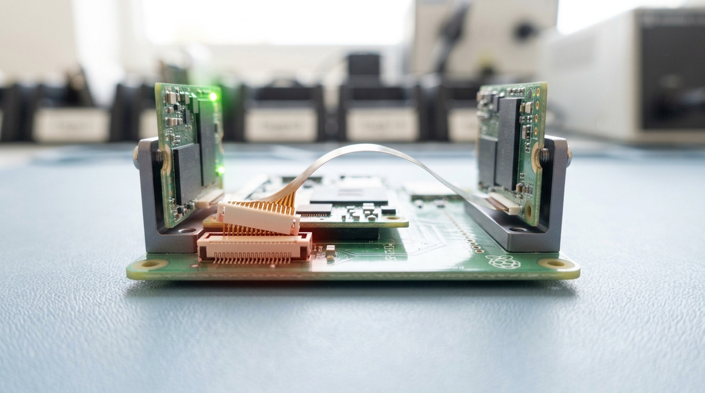 A single-board computer's ribbon connector caught half-seated into an external flash storage module on the bench beside it, the module's activity light lit but its latch not yet closed