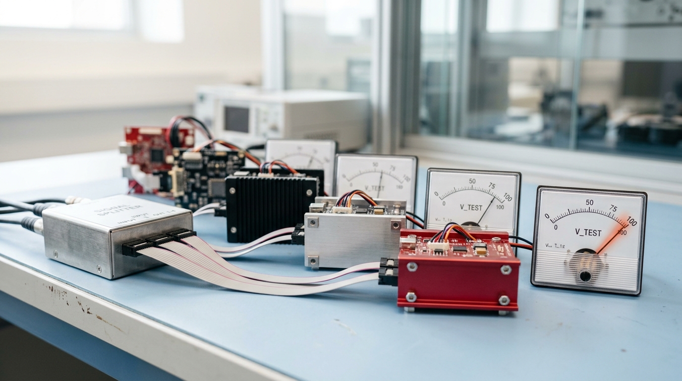 A shared signal splitter feeding an identical test input to four small accelerator carrier boards from different vendors, three analogue meters reading the same and a fourth needle caught swinging to a different position