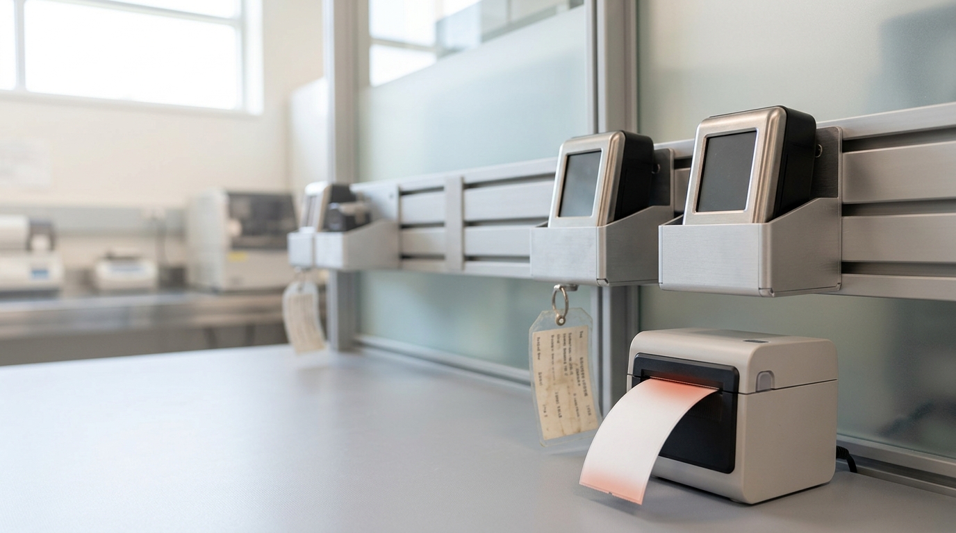 Two visually identical devices in adjacent wall cradles, a small tag-printer's fresh label caught mid-feed toward one cradle while the other still carries an older tag