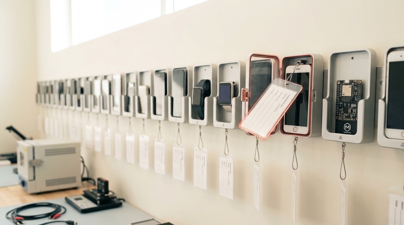 A wall-mounted rack of individual cradles each holding a different returned field device, one cradle open with its laminated evidence tag still swinging on its tether