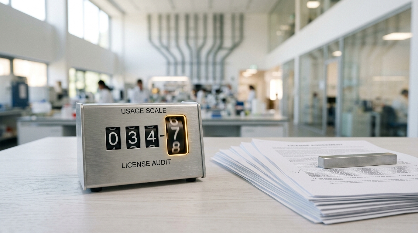A license-compliance audit desk with a mechanical usage-scale counter mid-roll between two digit values, stacked printed license pages beside it with one clause underlined
