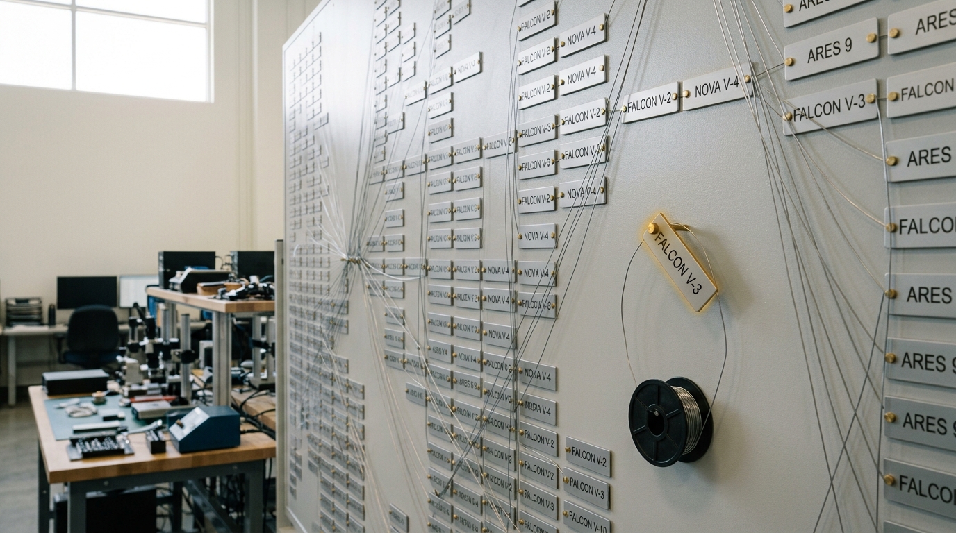 A wall-mounted board dense with small anodised nameplate tags pinned in a branching pattern and joined by fine steel wire, one new tag caught half-pinned with its wire spool still paying out