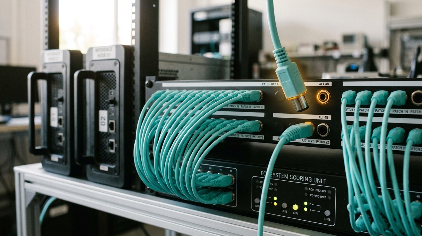 A patch bay wiring two inference nodes to a shared scoring box, a cable's connector caught just short of an alternate jack while the standard jack beside it sits already occupied