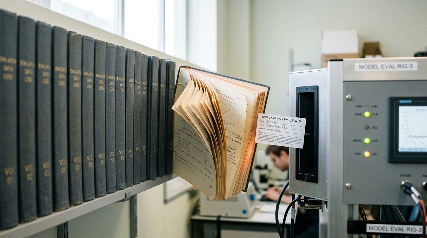 A bound archive volume pulled halfway off a shelf of identical volumes, its pages fanned, held beside the intake slot of a running evaluation rig