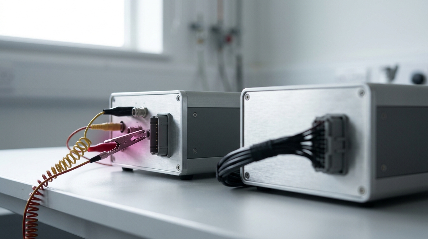 A row of six identical evaluation rigs on a bench, each wired to a shared manifold by a different-coloured cable, the nearest rig's door still swinging with its test card only half seated