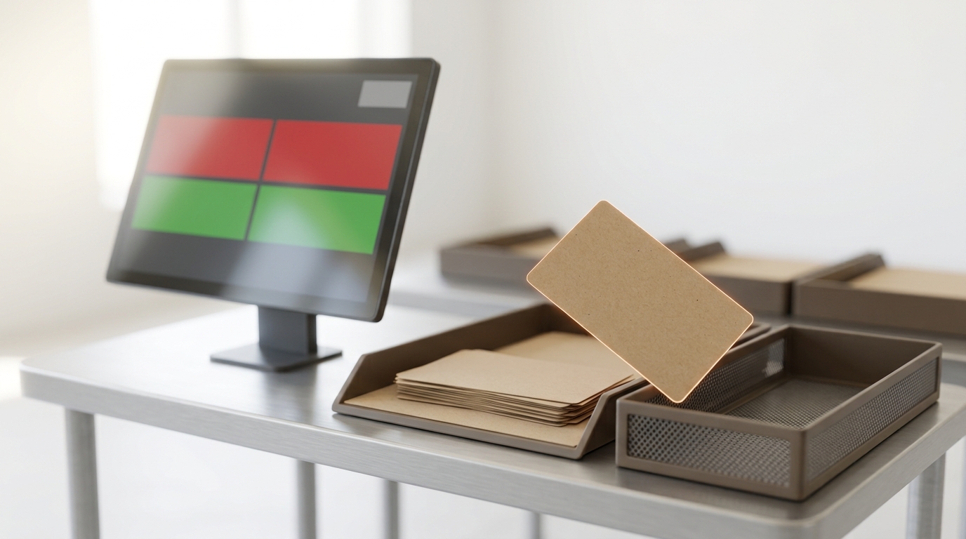 A rig's automated card feeder cycling through a stack of uniform test cards beside an open tray holding a single odd-shaped unscripted object