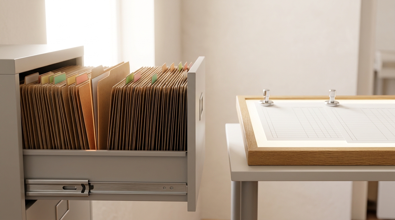 A wide view of an evaluation-methodology audit room with a steel filing drawer of case folders on one side and a lit review table with two rating sheets on the other, one folder still sliding back into the drawer