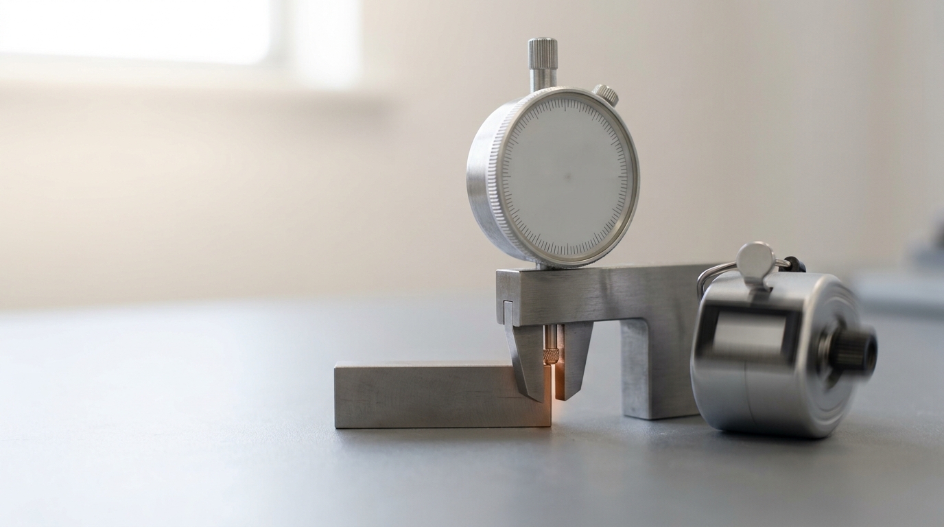 A dial gauge with its jaws still closing over a narrow gap beside a mechanical tally counter mid-click, its digit wheel caught turning between two positions