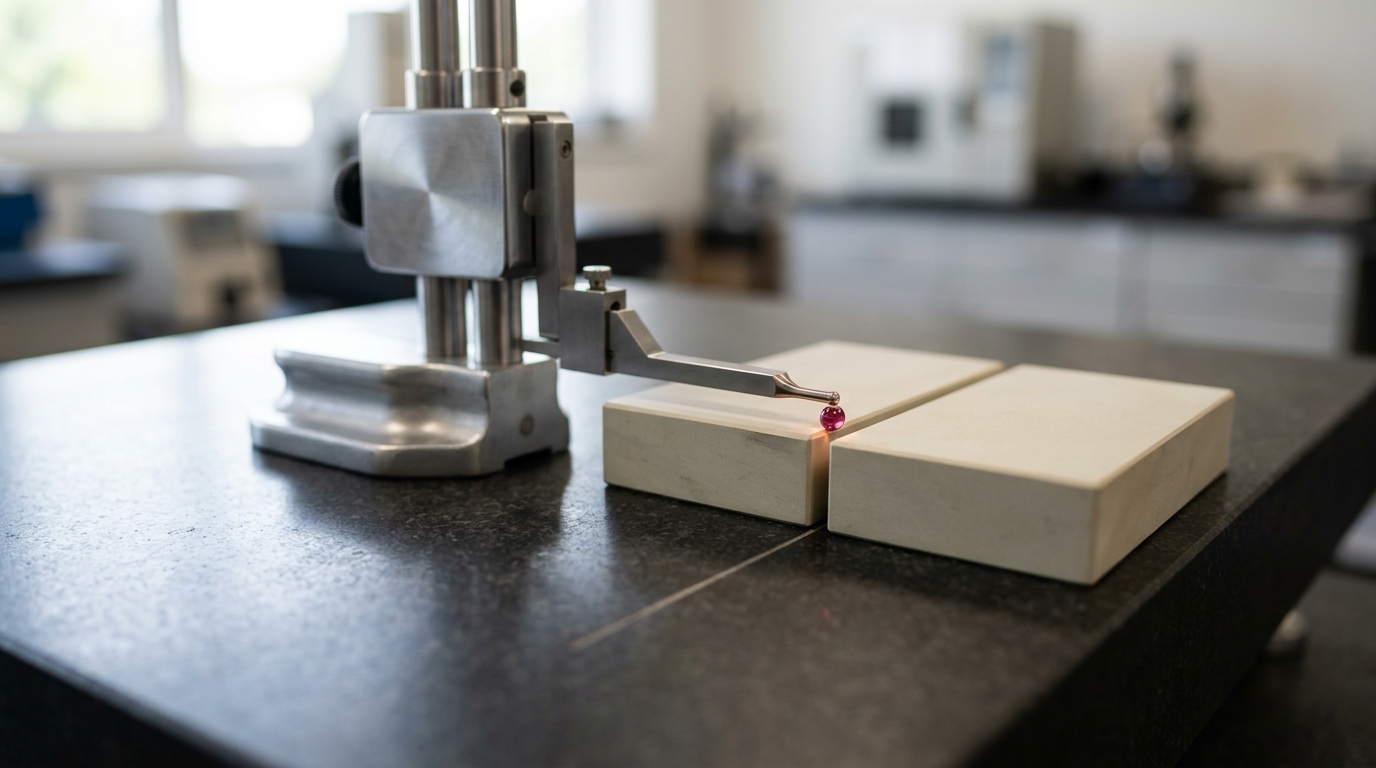 A height gauge probe on a granite surface plate caught mid-slide between a reference block and a test block set from the same zero point, both blocks the same pale stone