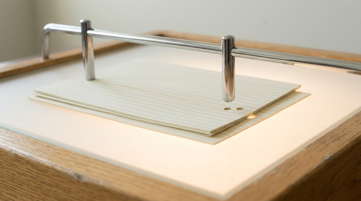 Two ruled rating sheets on a lit table under a bank of registration pins, one pin caught still above its second hole while the first pin already sits seated through both sheets