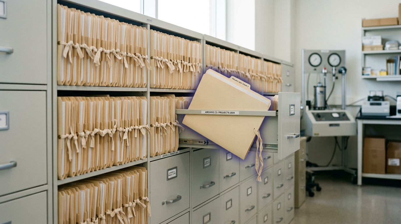 A single kraft case folder pulled halfway from a filing drawer with a small red flag clip caught mid-attach to its edge, the folder beside it still fully seated
