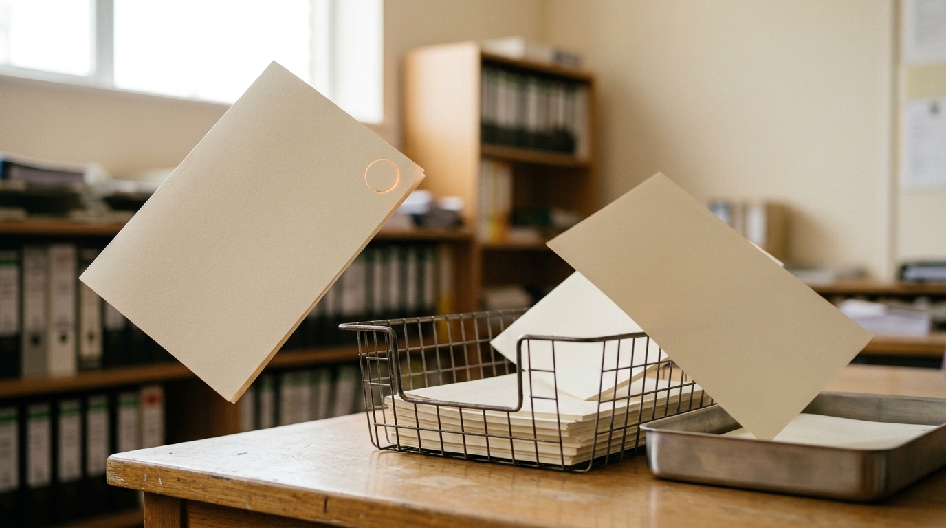 A wire outbox holding several identical report copies with one already stamped and lifted toward the main archive shelf while a second copy is caught tilting toward a smaller side tray