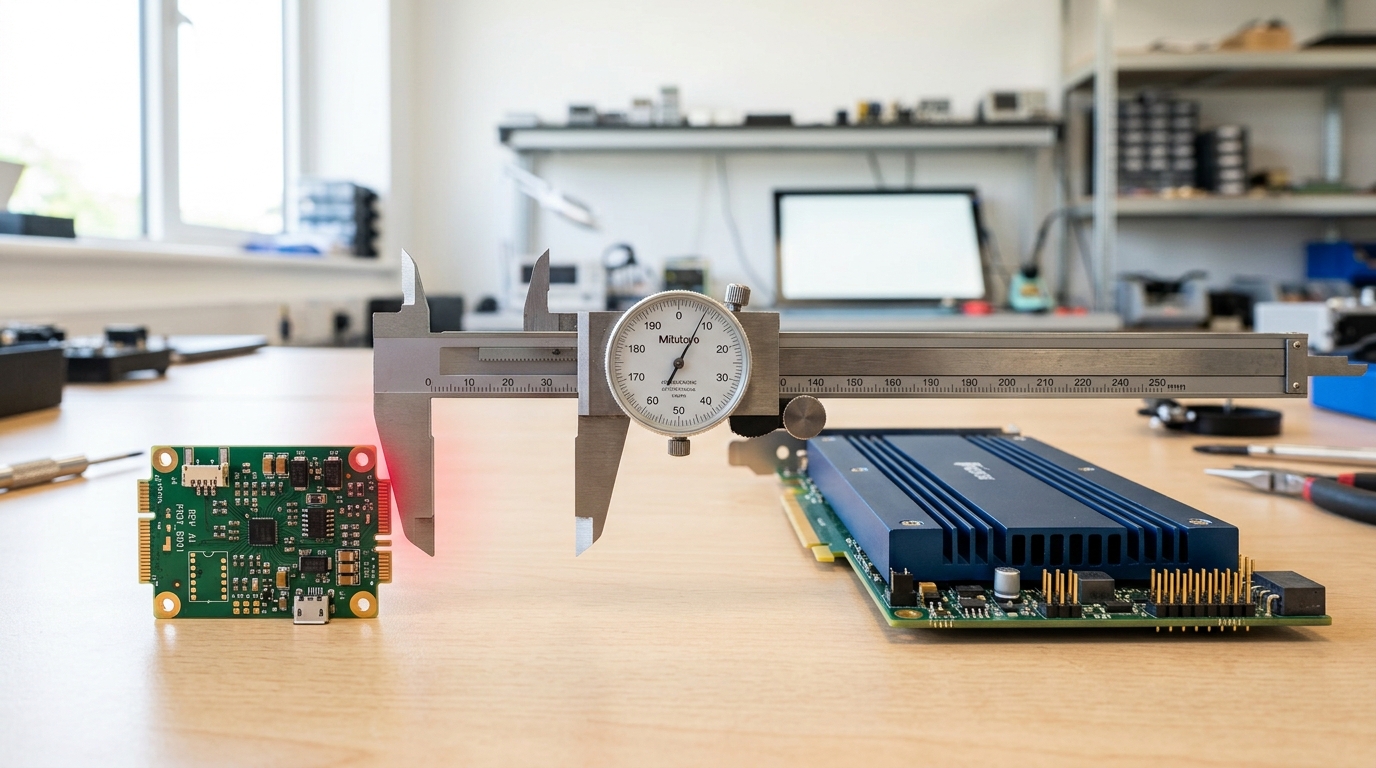 A small prototype circuit board and a much larger production accelerator board side by side on a bench, a wide workshop caliper's jaws closing across a feature on each but not yet meeting a reading