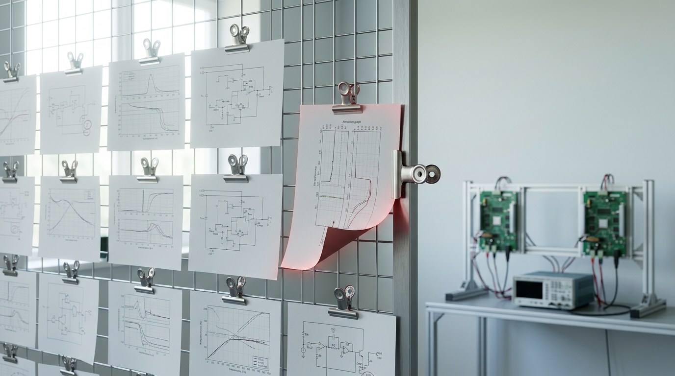 A steel grid wall hung with bulldog-clipped attribution-graph printouts, one sheet caught half into an open clip with its corner still curling, and a twin-node replication bench visible beyond
