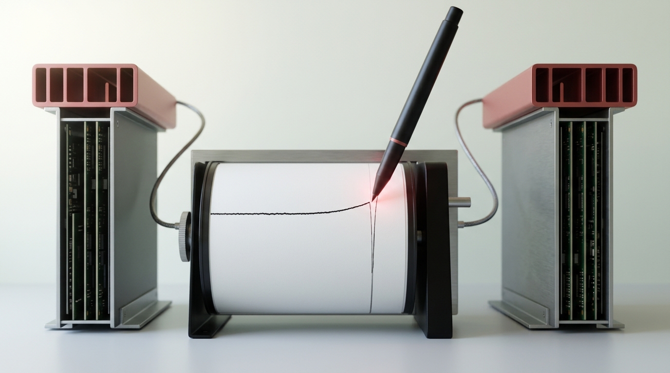 Two identical accelerator nodes wired into a shared pen-and-drum chart recorder, its inked pen caught mid-stroke just beginning to split away from the first trace already drawn beneath it