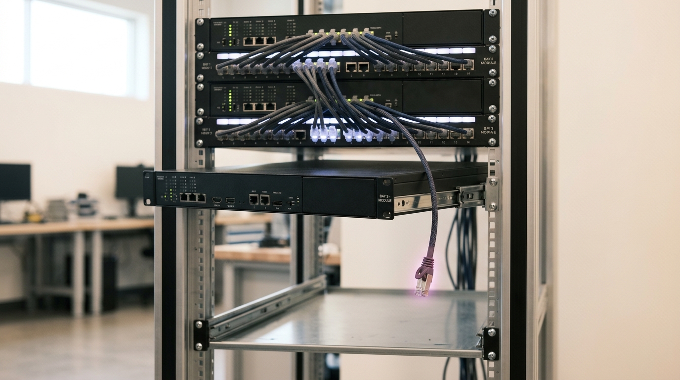 A backlit rack of frosted sparse-code atom slides in numbered brackets, most seated flush, one slide pushed only part-way in with its contact edge not yet mated to the rack's backlight bus