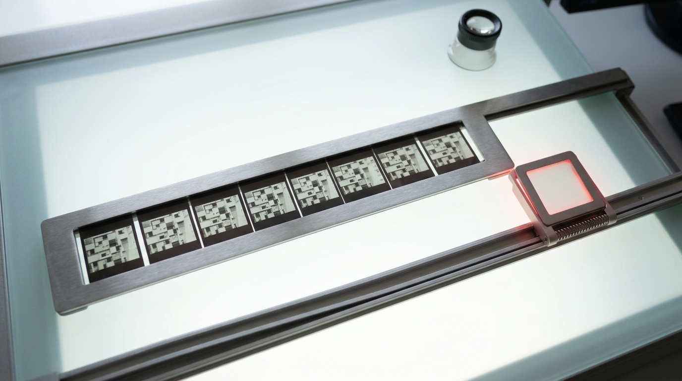 A light table holding a filmstrip of maximally-activating image crops in a fixed frame, with one additional tile on a spring carrier caught mid-slide into the row and visibly not matching its neighbours