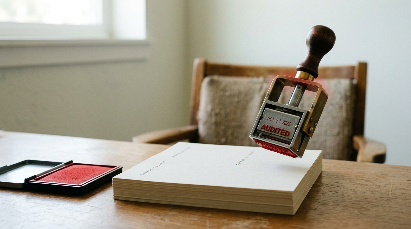 A stack of manuscript proof pages on a review desk with a rubber date-stamp caught a finger's width above the cover sheet, not yet touching, and an empty chair pushed back behind the desk