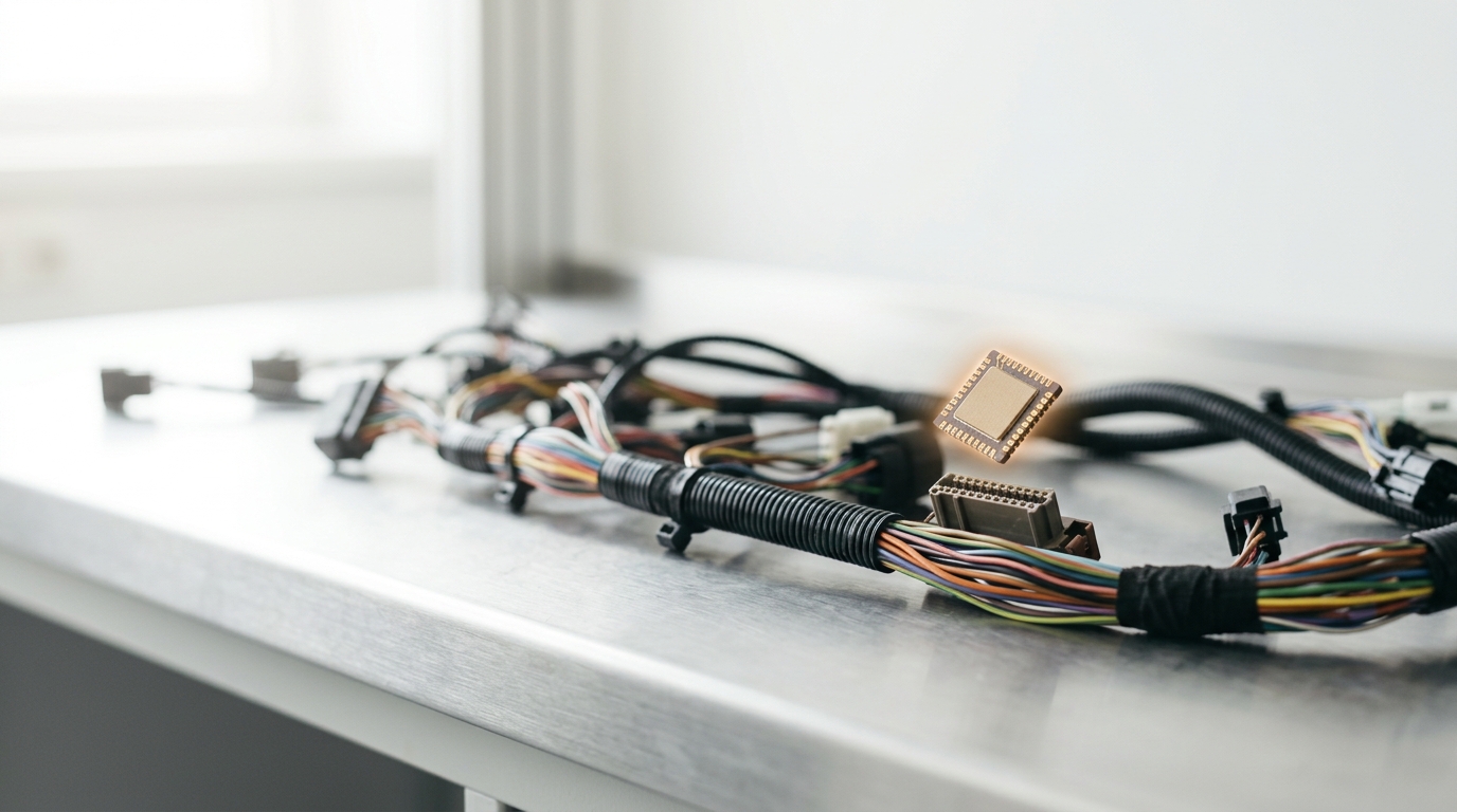 An automotive wiring harness mockup on a bright bench, a small power-management chip caught being seated into its connector along the harness, dozens of similar connection points visible along its length