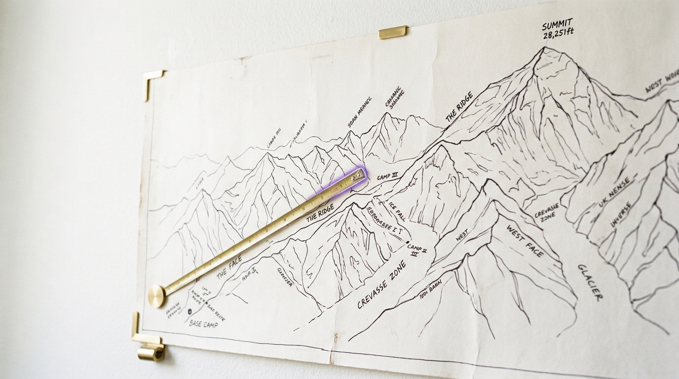 A market-share chart on a bright wall showing two labelled regions' lines crossing, with a third, unlabelled region's line quietly rising in the background, a hand-free pointer caught indicating the third line rather than the two crossing ones