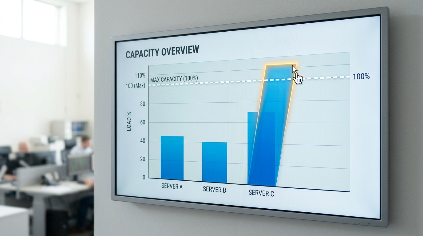 A wall display in a bright control room showing a capacity chart where the pending-queue bar visibly overflows past the chart's own printed maximum gridline