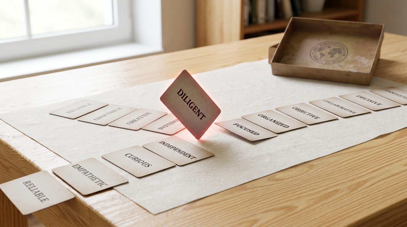 A set of thirteen printed mate-preference characteristic cards fanned across a wooden desk in a rank order that is not yet finished, one card held upright on its edge mid-slide into an empty gap between two already-placed cards