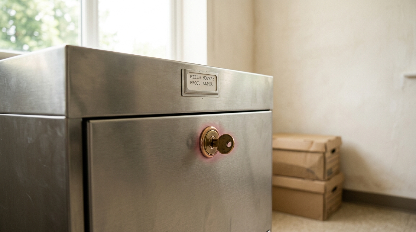 A steel archive cabinet with two labelled drawers, an older one and a newer one, a key caught mid-turn in the newer drawer's lock with the drawer just cracked open