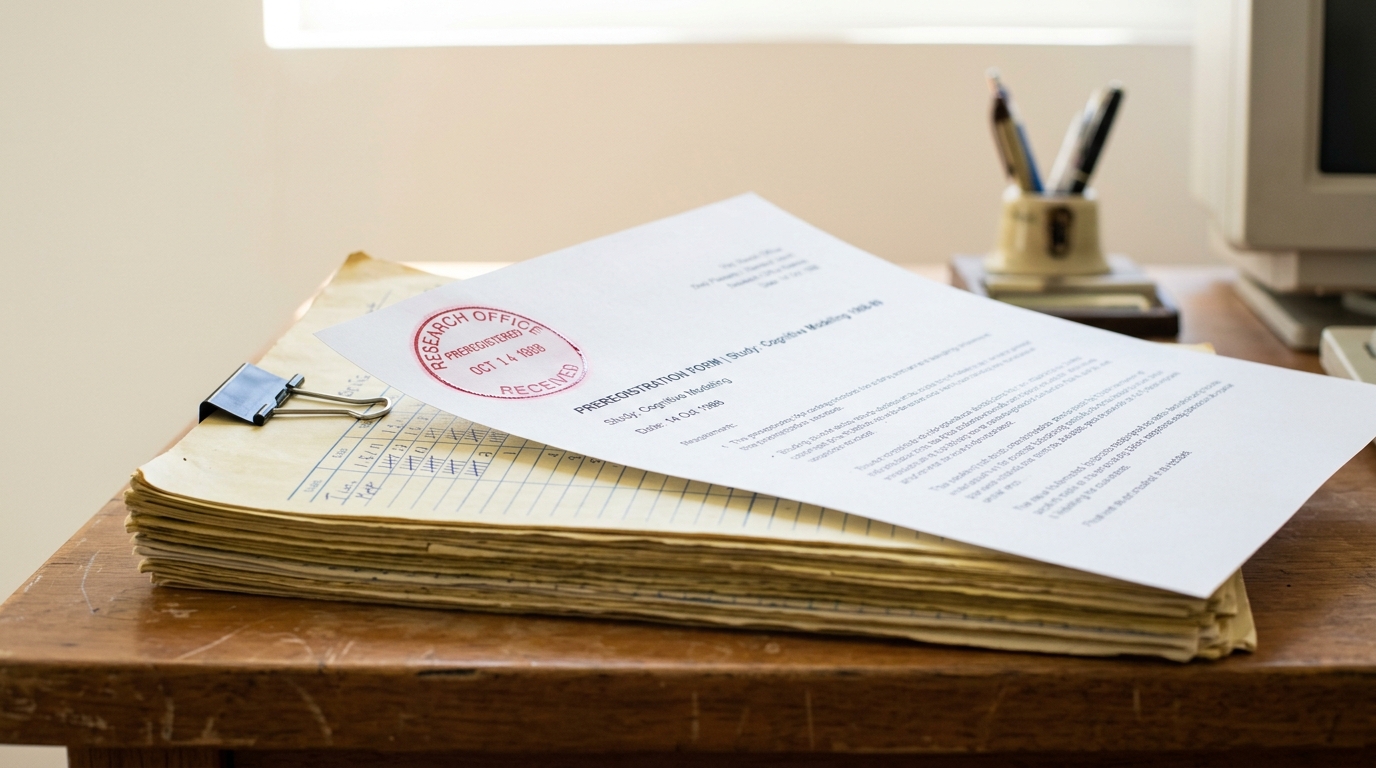 A dated preregistration printout with a fresh red date-stamp lying across a retired stack of 1980s paper coding sheets