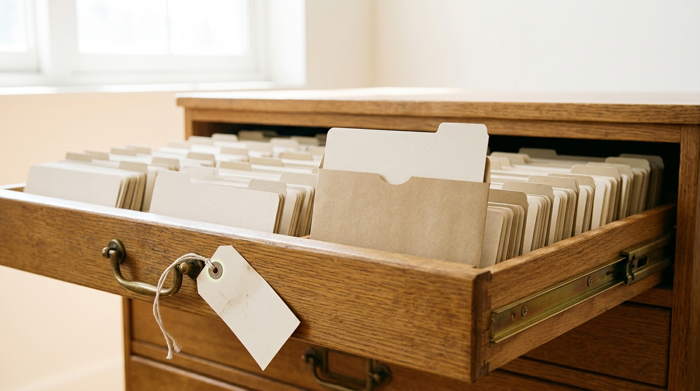 A single punched data card partway out of a wooden card-catalogue drawer among hundreds of others, a small country-code tab and a faded postal stamp visible on its edge