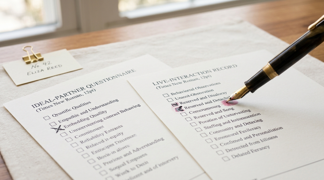 Two paper rating forms side by side on a desk, an ideal-partner questionnaire and a live-interaction record sheet, a fountain pen resting with its nib still touching a freshly marked box on the second sheet that contradicts the mark on the first