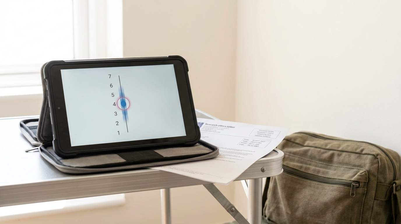 A rugged field tablet in a padded case showing a seven-point rating scale mid-tap, resting on a folding table beside a paper preregistration printout with a visible timestamp
