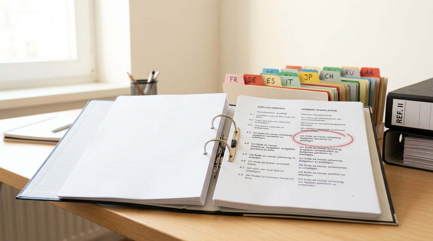 An open ring binder showing two facing columns of translated survey wording, a red proofreading mark circling a mismatched phrase between the forward and back translation