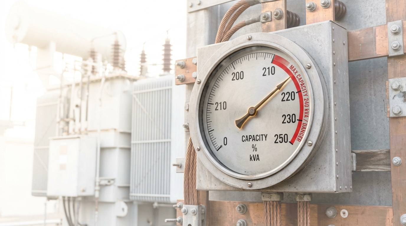 A transformer bay capacity gauge in bright daylight with its needle caught mid-climb, closing in on but not yet reaching its rated maximum marked in red