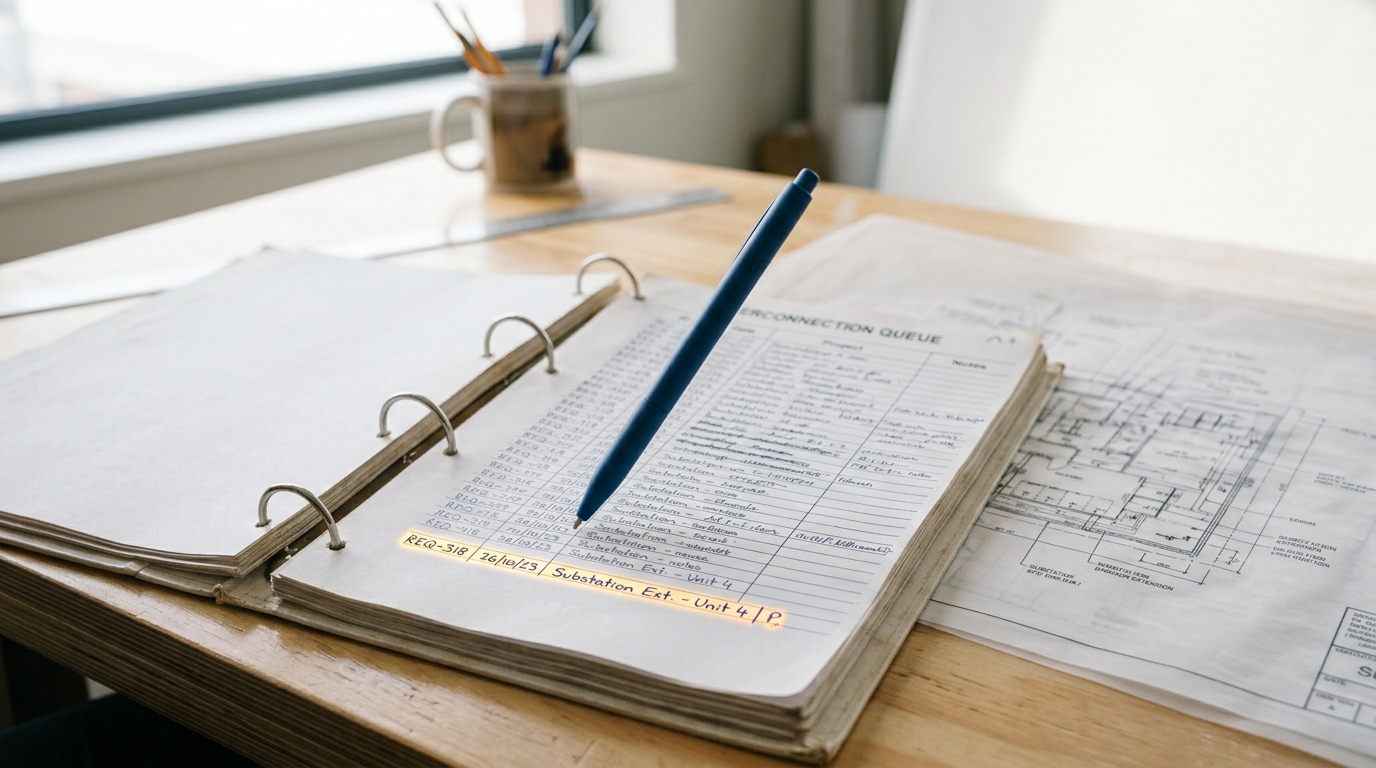 An interconnection queue binder open on a bright bench, its pages dense with pending request entries, a pen caught adding one more entry to an already-long list