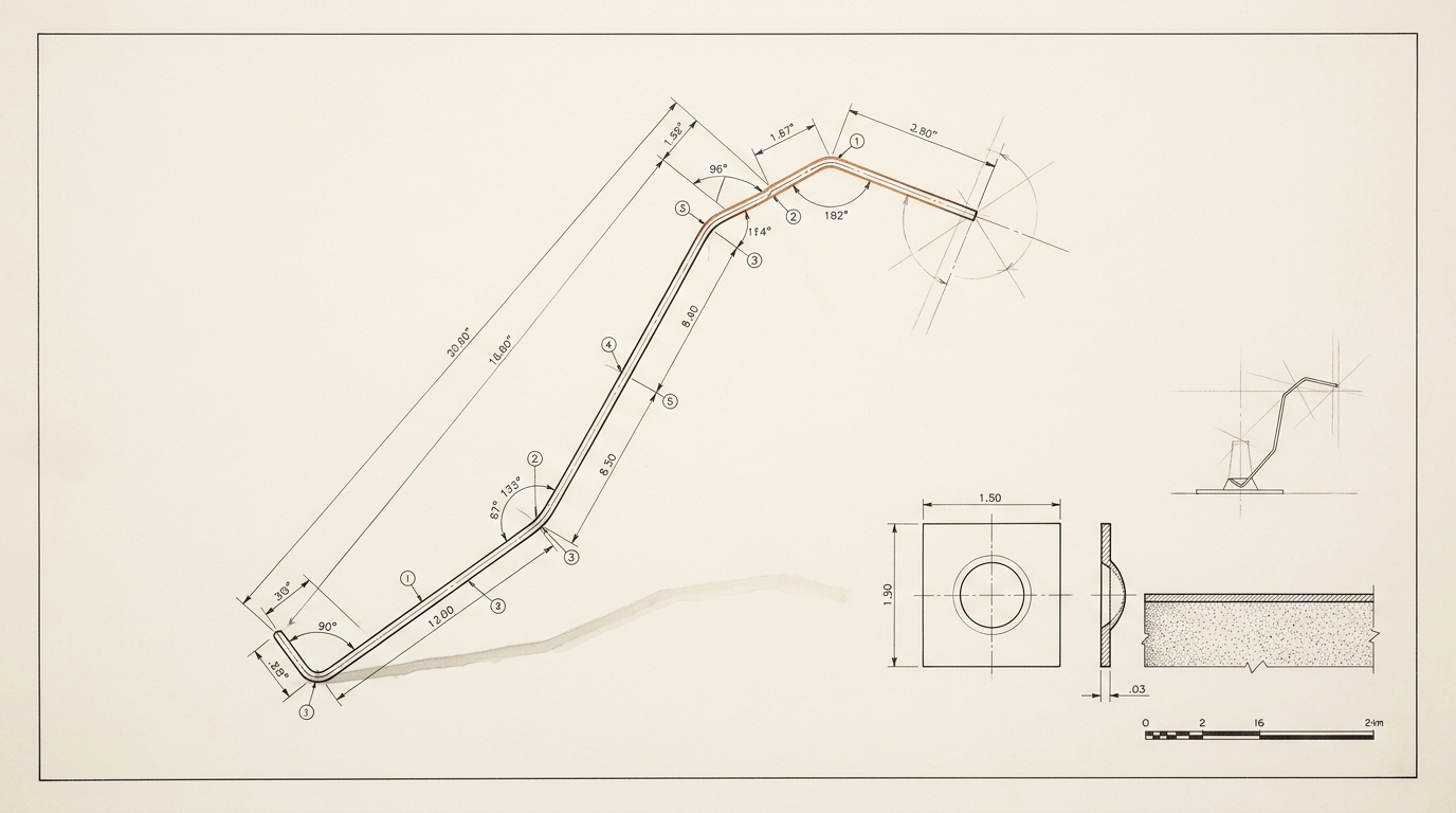A measured record drawing of one bent-wire arm from NASA's evolved ST5 antenna, its irregular segments and bend angles dimensioned on a small circular ground plane, one bend accented in copper