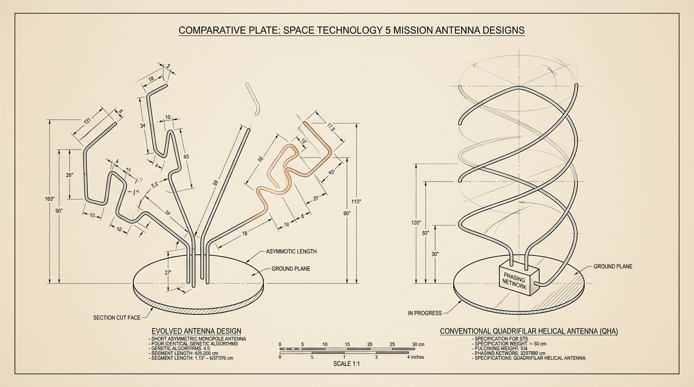 A comparative plate on one sheet drawing NASA's evolved ST5 wire antenna beside the conventional quadrifilar helical antenna built for the same mission, both rendered to one common scale