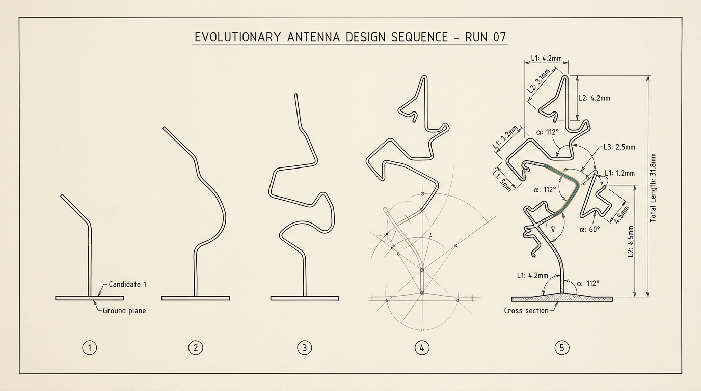 A sequence plate showing five candidate wire antenna forms drawn in a row from an early crude asymmetric stub through to the final flown ST5 evolved antenna design