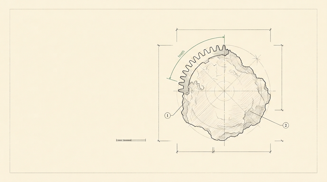 A measured conservation survey drawing of Fragment A, an irregular corroded bronze mass with dimension lines around its outline, a handful of gear teeth inked solid at one broken edge, and the rest of its bulk left as light graphite hatching