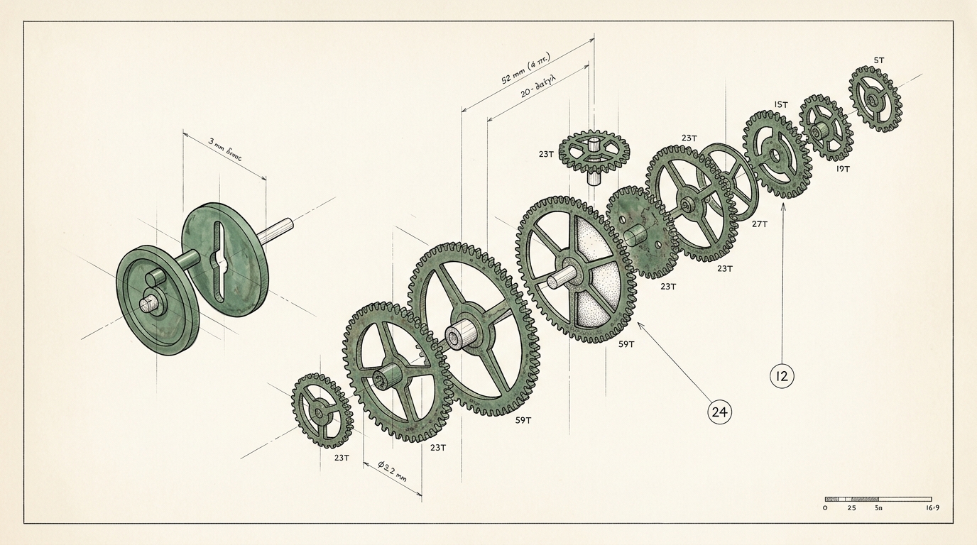 An exploded axonometric drawing of the Antikythera mechanism's bronze gear train, wheels separated along vertical lead lines from their true arbor axes, with a small offset pin-and-slot pair isolated and picked out in green-bronze ink among the otherwise monochrome gears