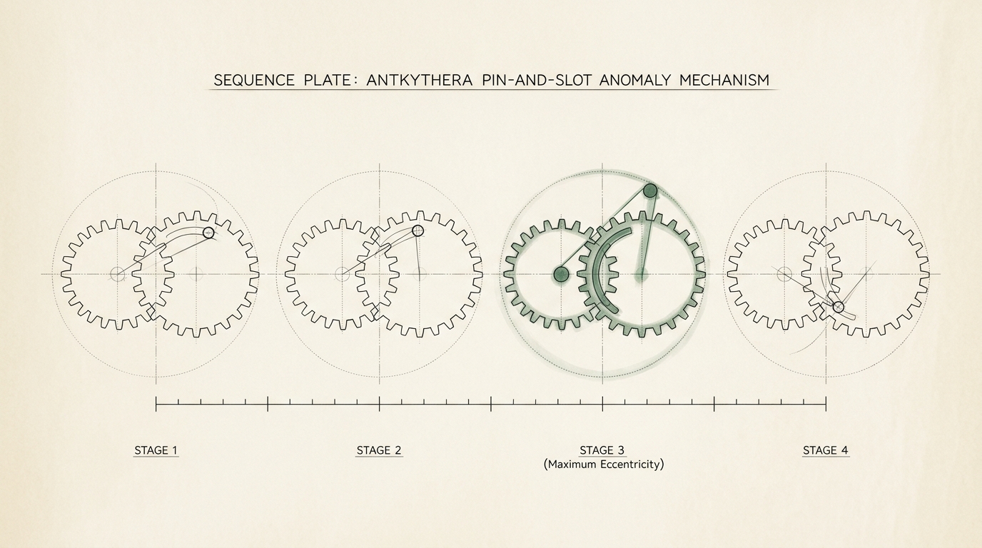 A sequence plate of four drawings of the pin-and-slot pair at successive stages of one revolution, arranged left to right, the third stage picked out in green-bronze ink where the offset between the two axes is greatest