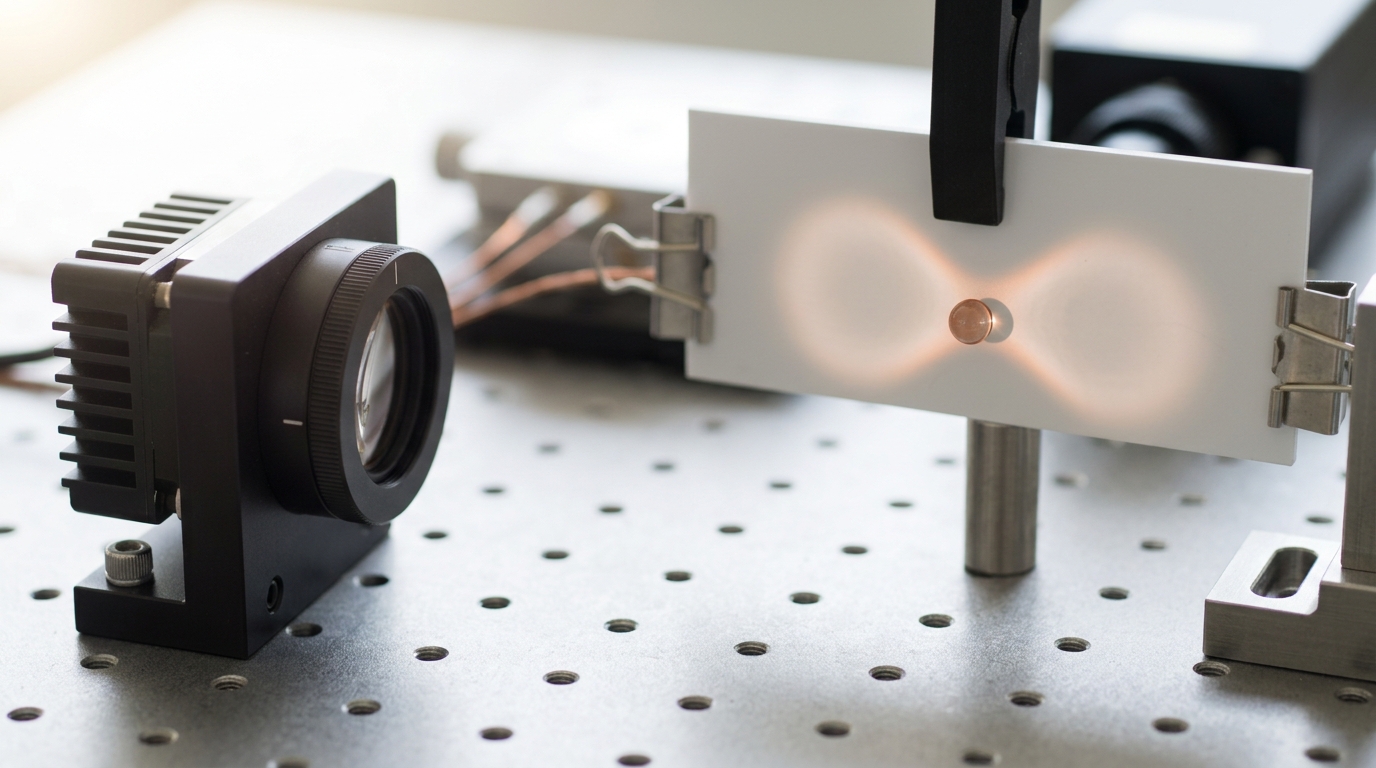 A shaped optical trap on an optical breadboard forming two faint side-by-side potential wells on an alignment screen, with one small bead caught in the shallow saddle between them, tilted toward one side but not yet settled into it