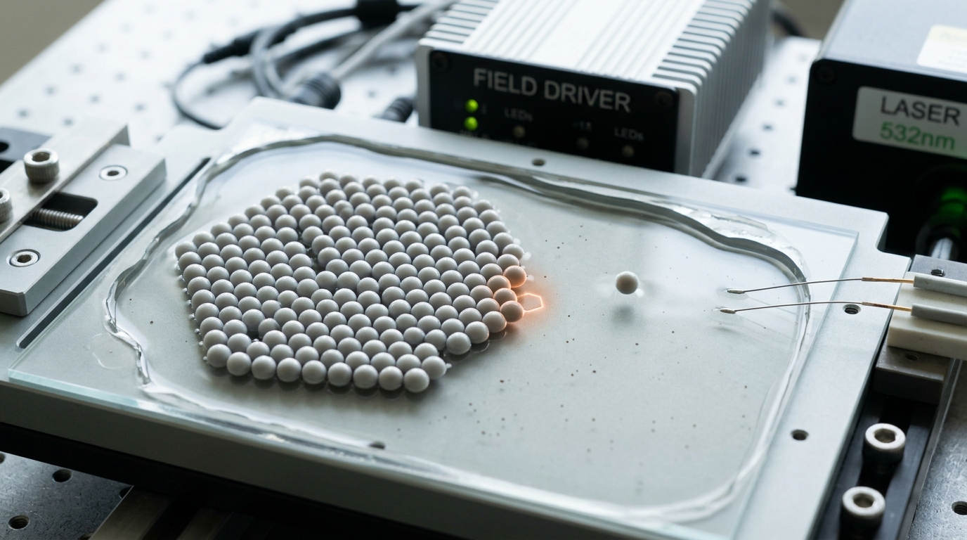 A driven colloidal self-assembly rig under video microscopy, most particles locked into an ordered cluster while one remaining particle is caught drifting in on the oscillating drive, not yet seated at its slot