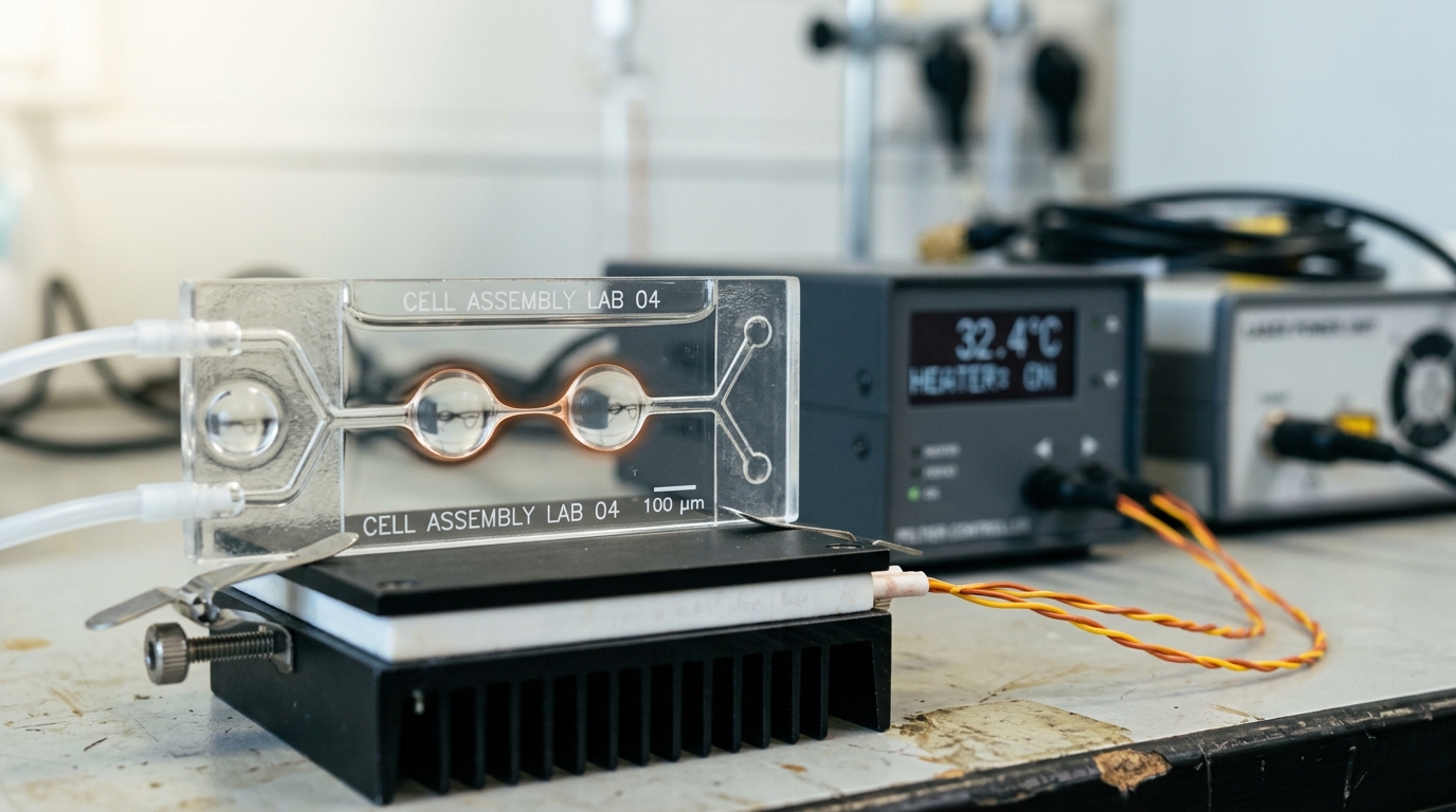 A microfluidic chamber on a temperature-controlled stage where one lipid droplet is caught with its middle already necked down to a fine thread while the two halves have not yet fully parted