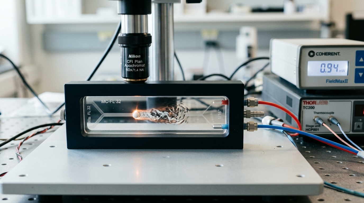 A driven colloidal bead mid-drag through an etched microfluidic channel under a video-microscopy objective, the trailing wake in the fluid still visibly unsettled, with a laser power meter station glowing softly at the edge of the optical breadboard