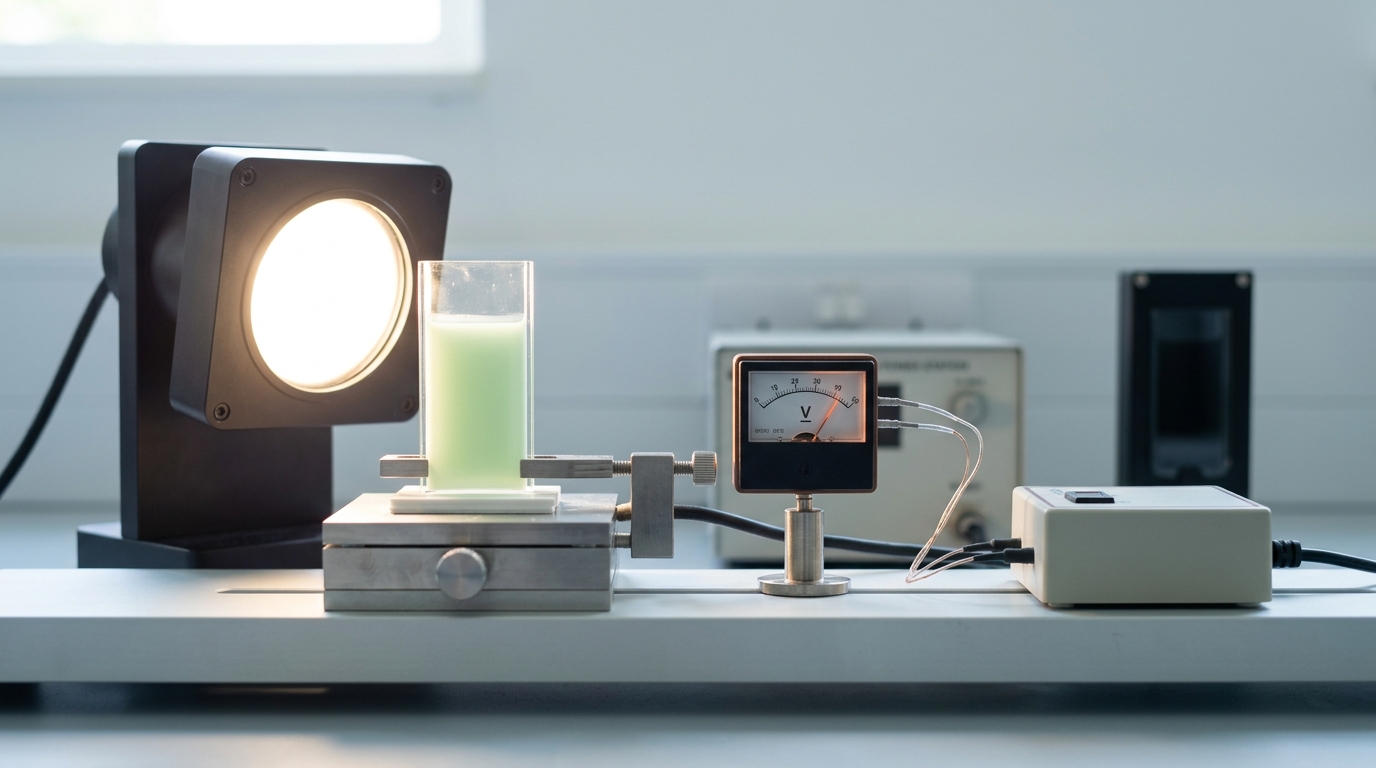A broadband solar-simulator lamp station on an optical bench throwing light onto a thin pigment-suspension cell on a temperature-controlled stage, a thermal probe reading still climbing toward the cell's new equilibrium